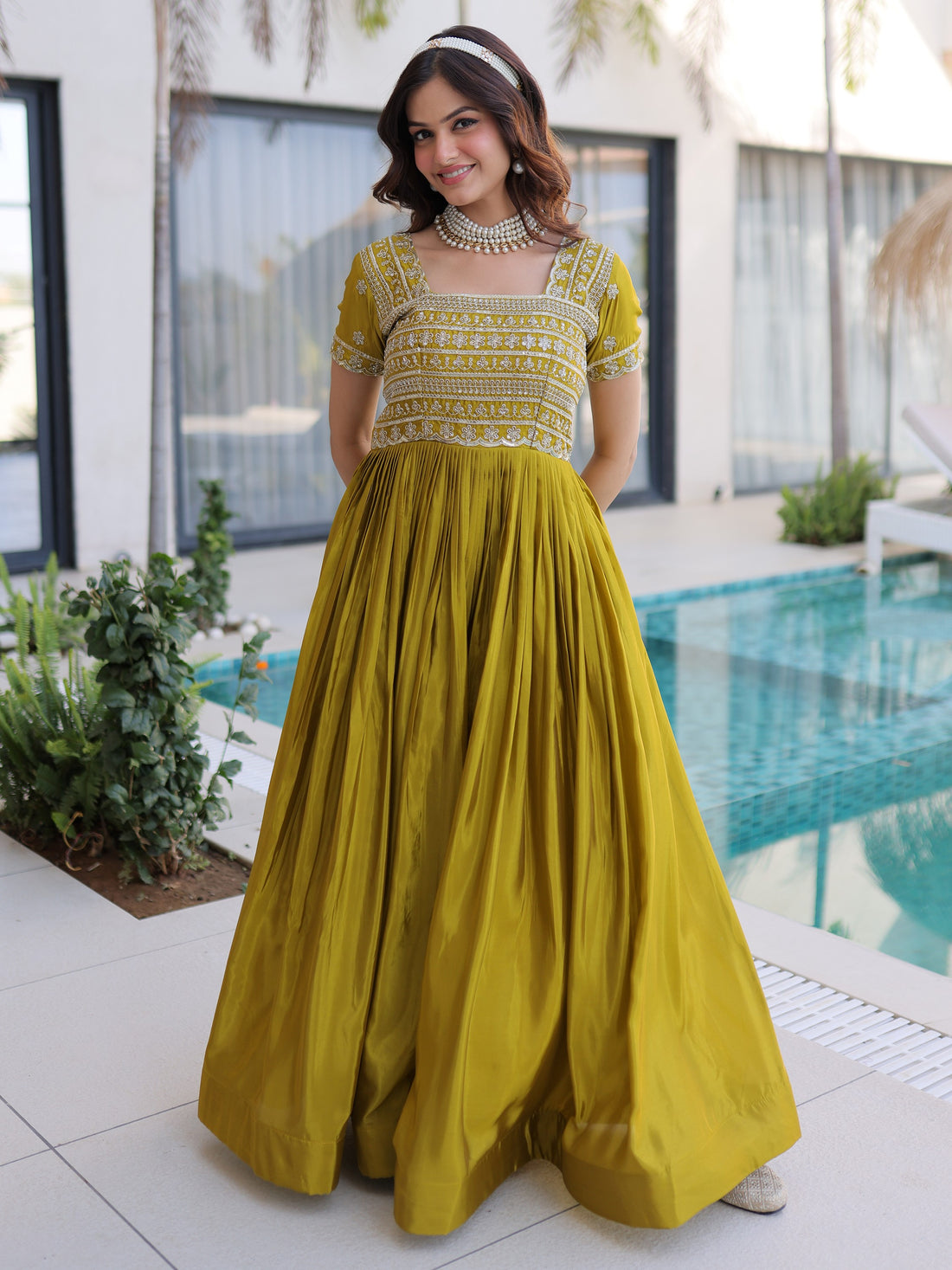 Precious Olive Green Sequins Silk Festival Wear Gown