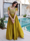 Precious Olive Green Sequins Silk Festival Wear Gown