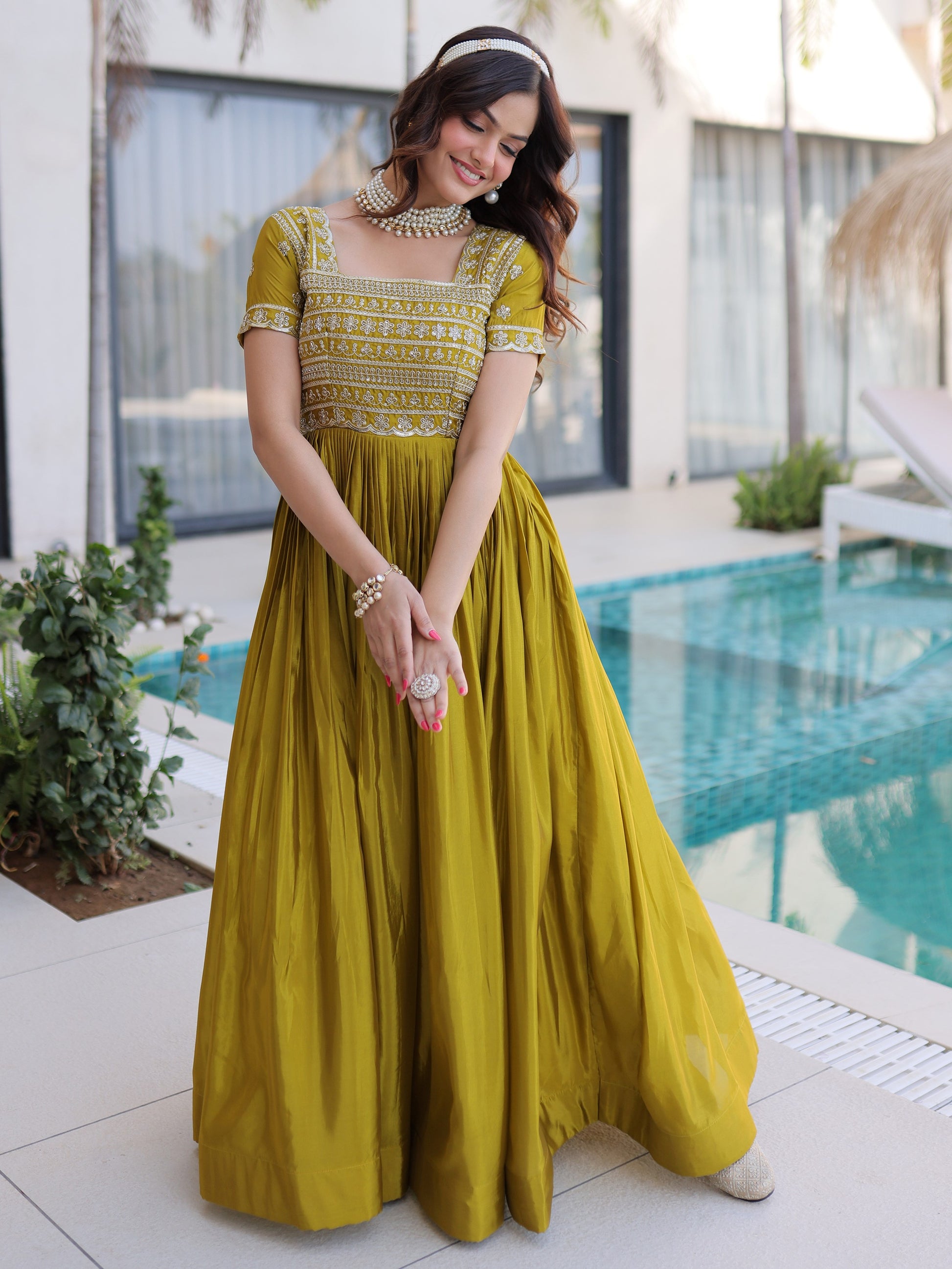 Precious Olive Green Sequins Silk Festival Wear Gown