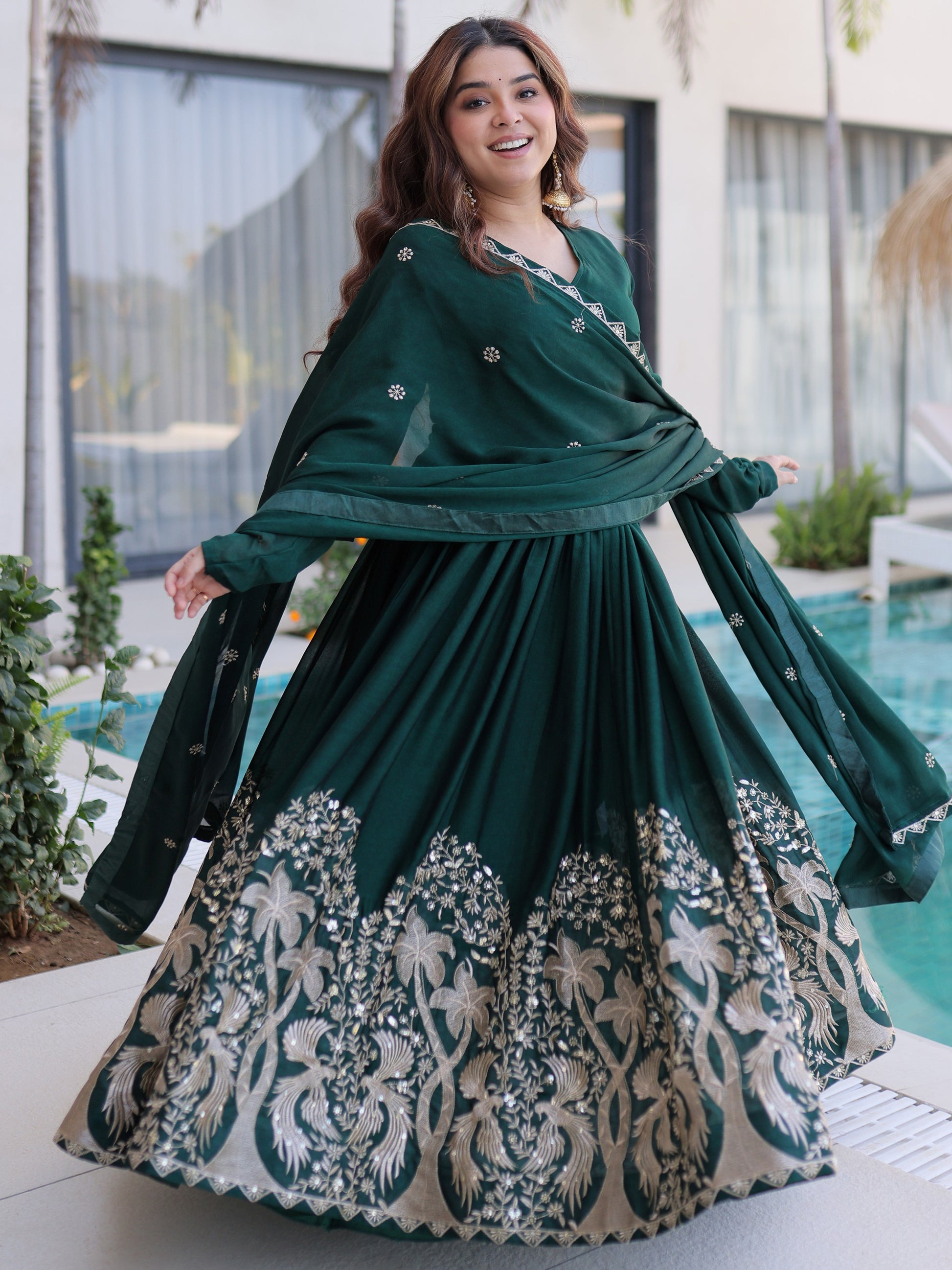Spectacular Bottle Green Sequins Crushed Traditional Gown With Dupatta
