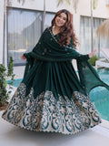 Spectacular Bottle Green Sequins Crushed Traditional Gown With Dupatta