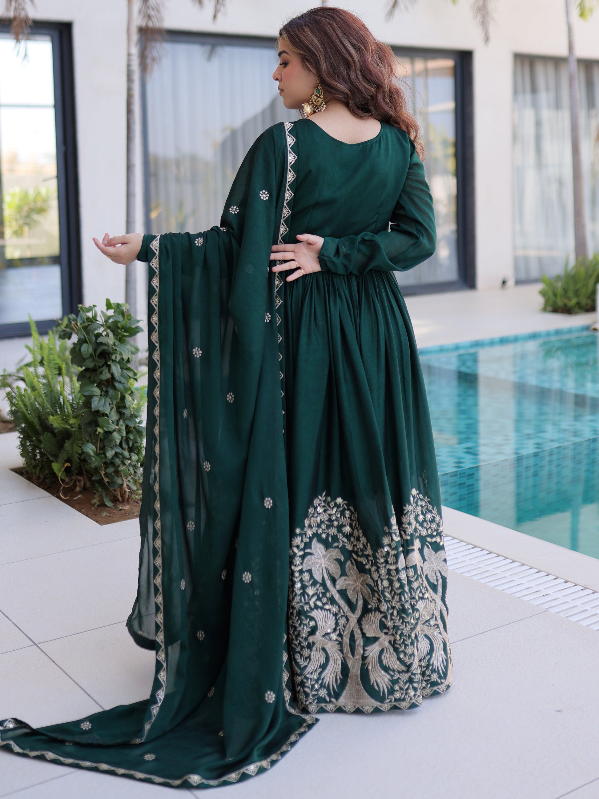 Spectacular Bottle Green Sequins Crushed Traditional Gown With Dupatta