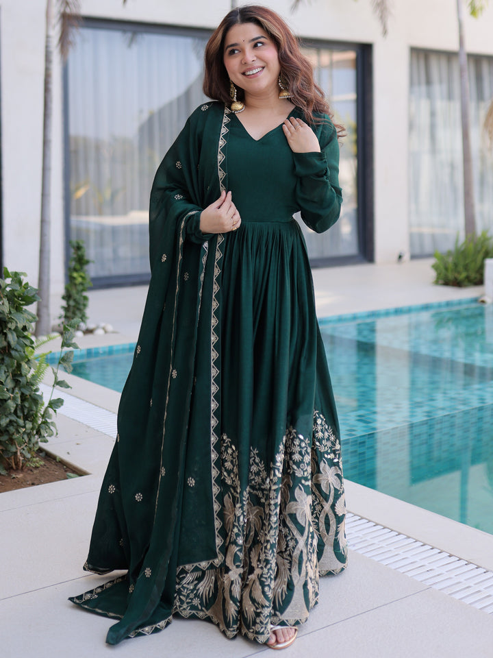 Spectacular Bottle Green Sequins Crushed Traditional Gown With Dupatta