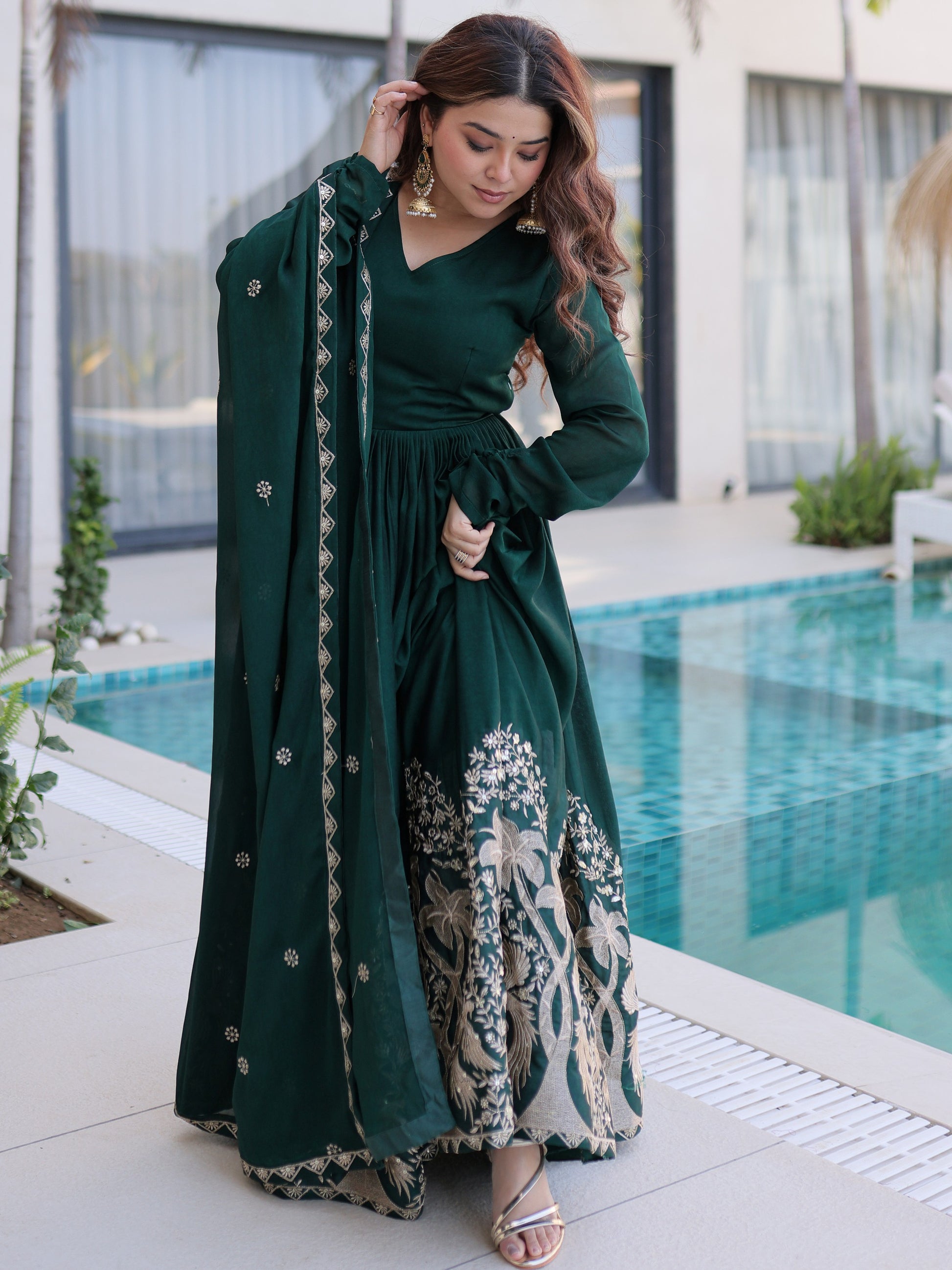 Spectacular Bottle Green Sequins Crushed Traditional Gown With Dupatta