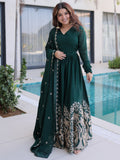 Spectacular Bottle Green Sequins Crushed Traditional Gown With Dupatta