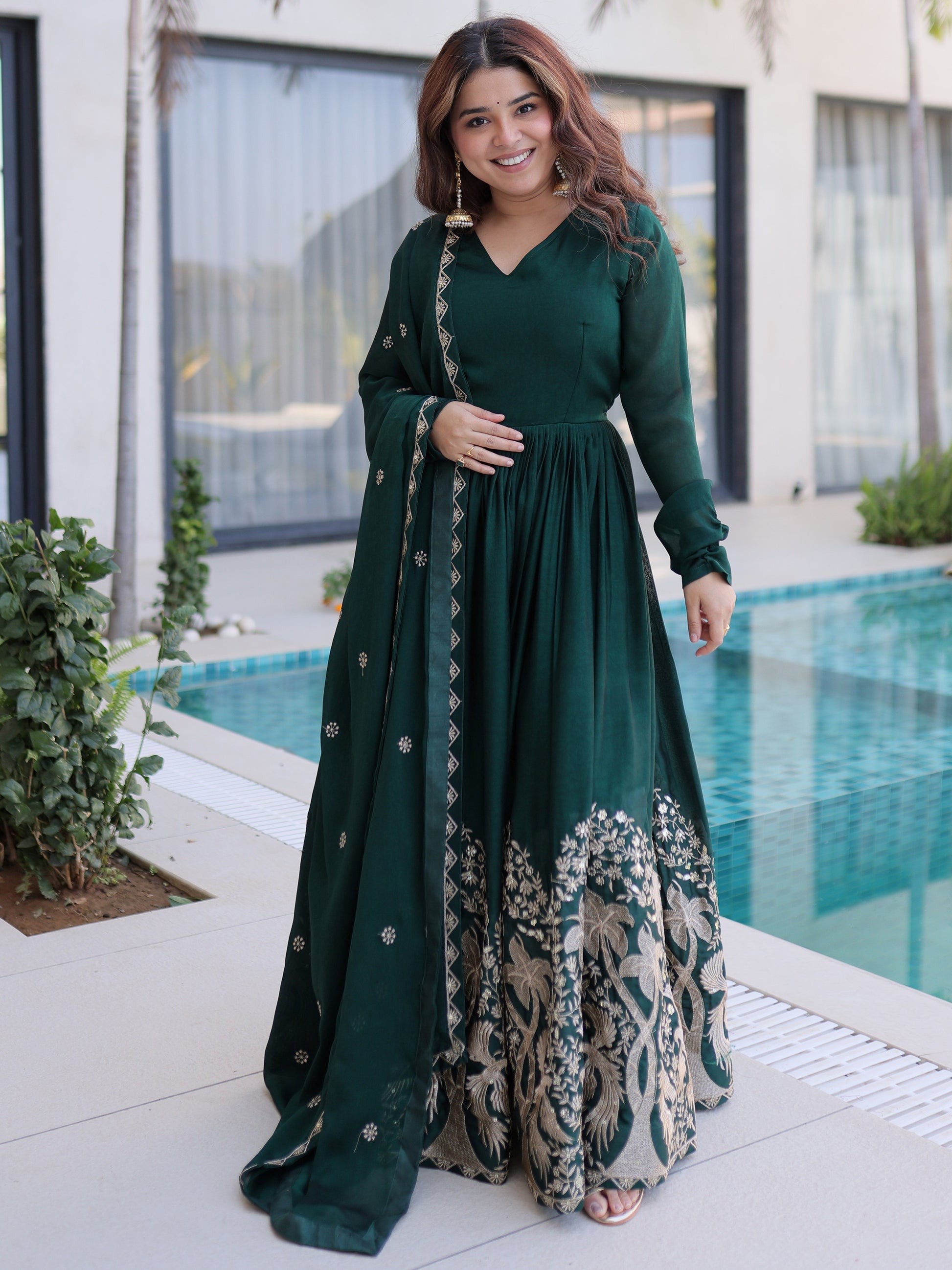 Spectacular Bottle Green Sequins Crushed Traditional Gown With Dupatta