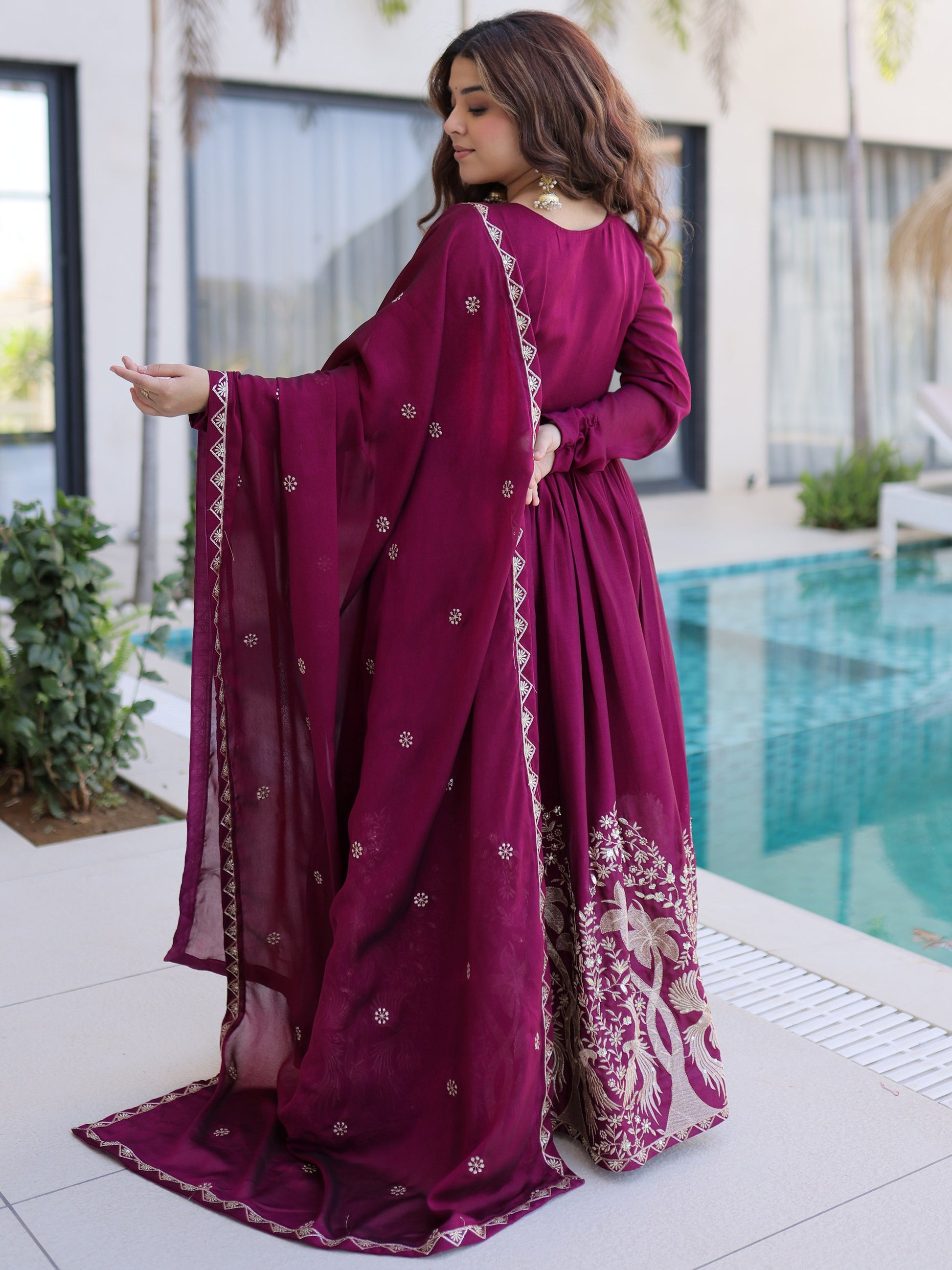 Beautiful Wine Thread Work Crushed Festival Wear Gown With Dupatta
