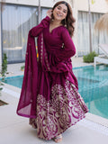 Beautiful Wine Thread Work Crushed Festival Wear Gown With Dupatta