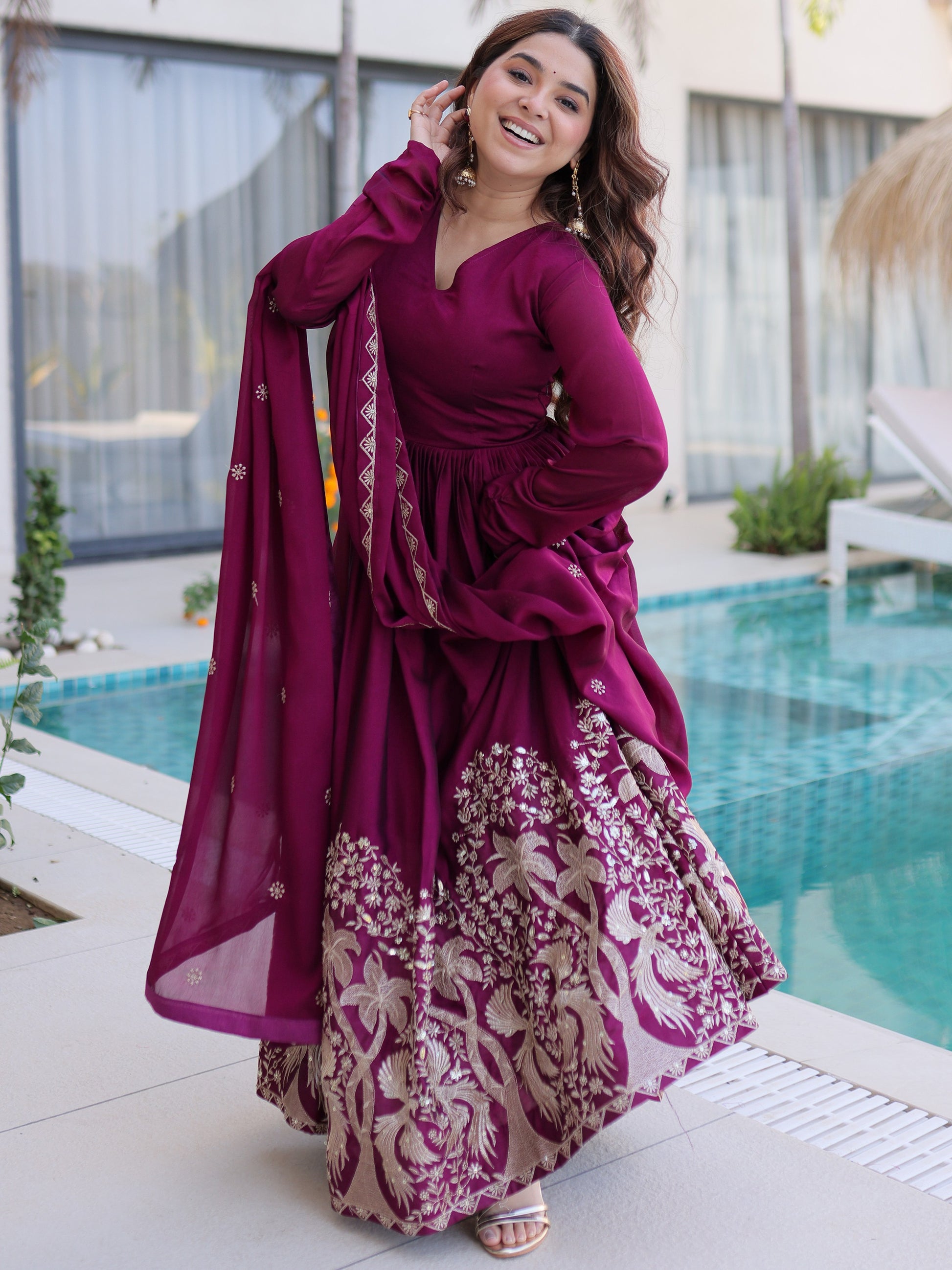 Beautiful Wine Thread Work Crushed Festival Wear Gown With Dupatta