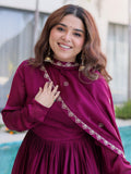 Beautiful Wine Thread Work Crushed Festival Wear Gown With Dupatta