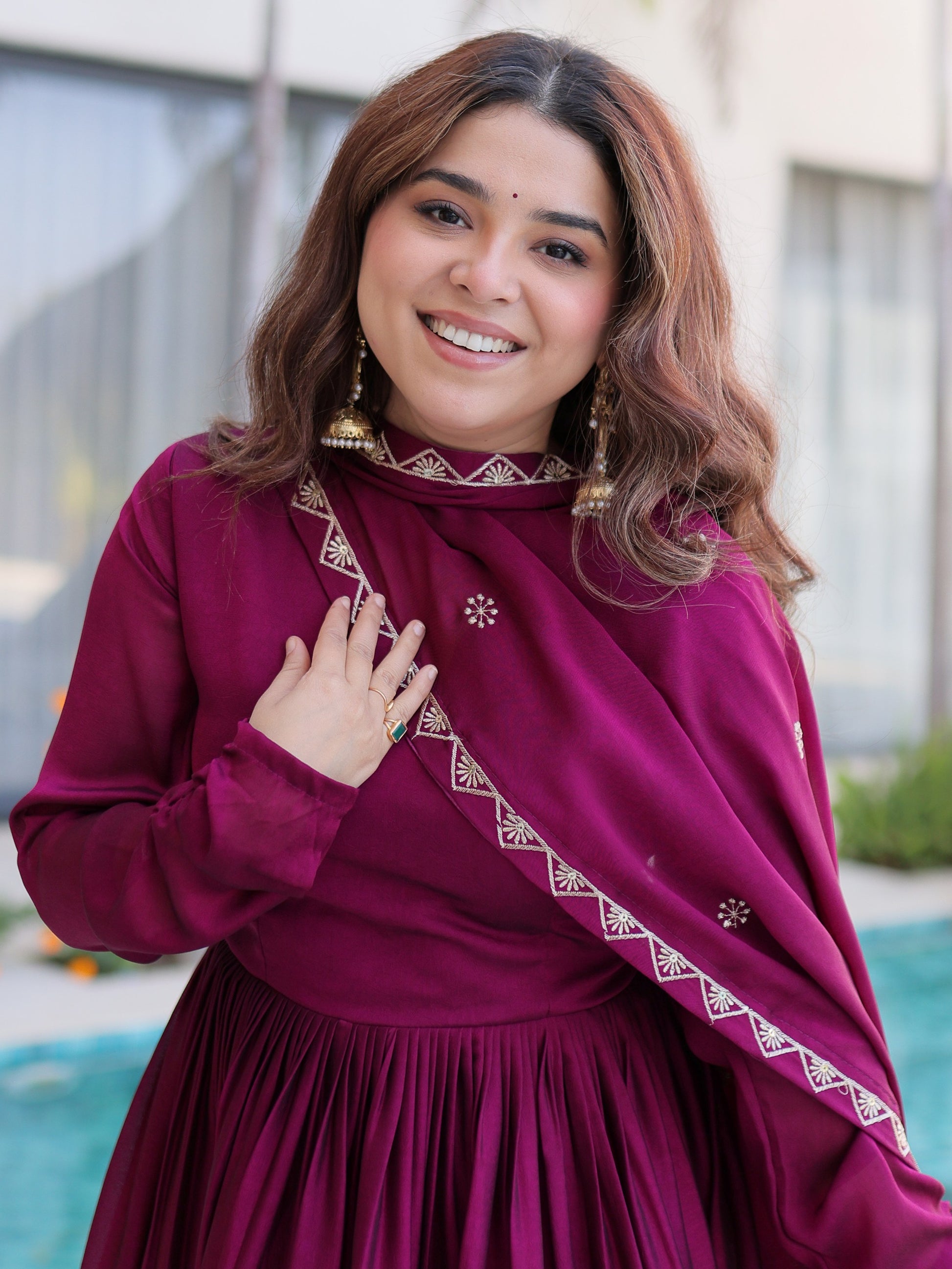 Beautiful Wine Thread Work Crushed Festival Wear Gown With Dupatta