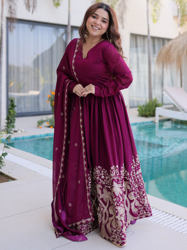 Beautiful Wine Thread Work Crushed Festival Wear Gown With Dupatta