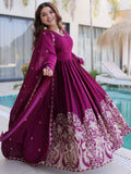 Beautiful Wine Thread Work Crushed Festival Wear Gown With Dupatta