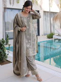 Sparkling Gray Sequins Work Festive Wear Pant Suit With Dupatta