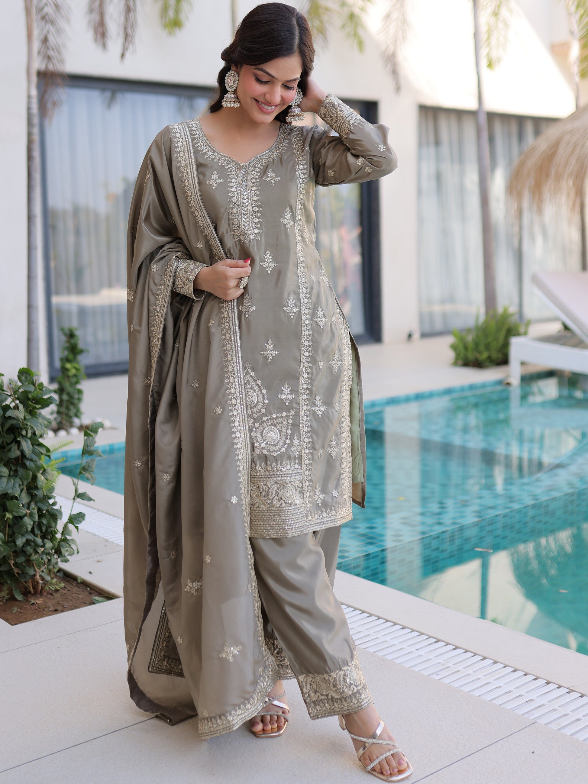 Sparkling Gray Sequins Work Festive Wear Pant Suit With Dupatta