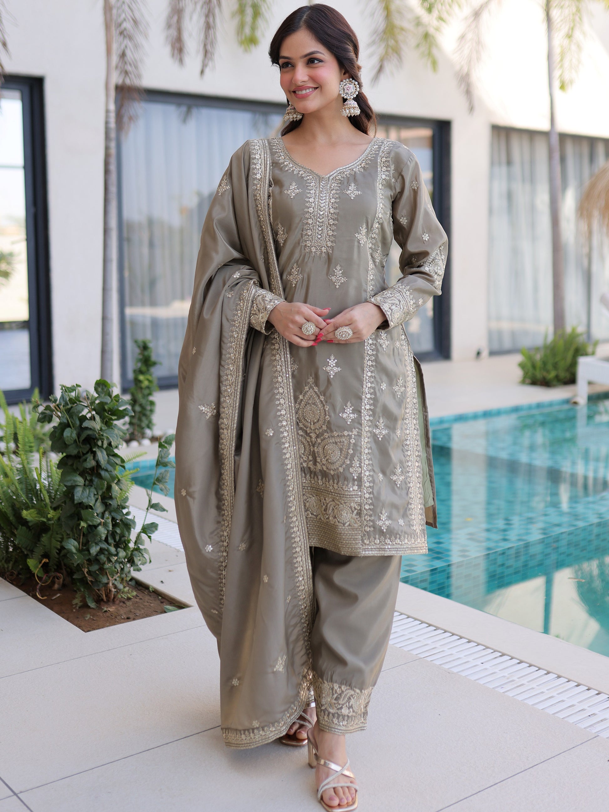 Sparkling Gray Sequins Work Festive Wear Pant Suit With Dupatta