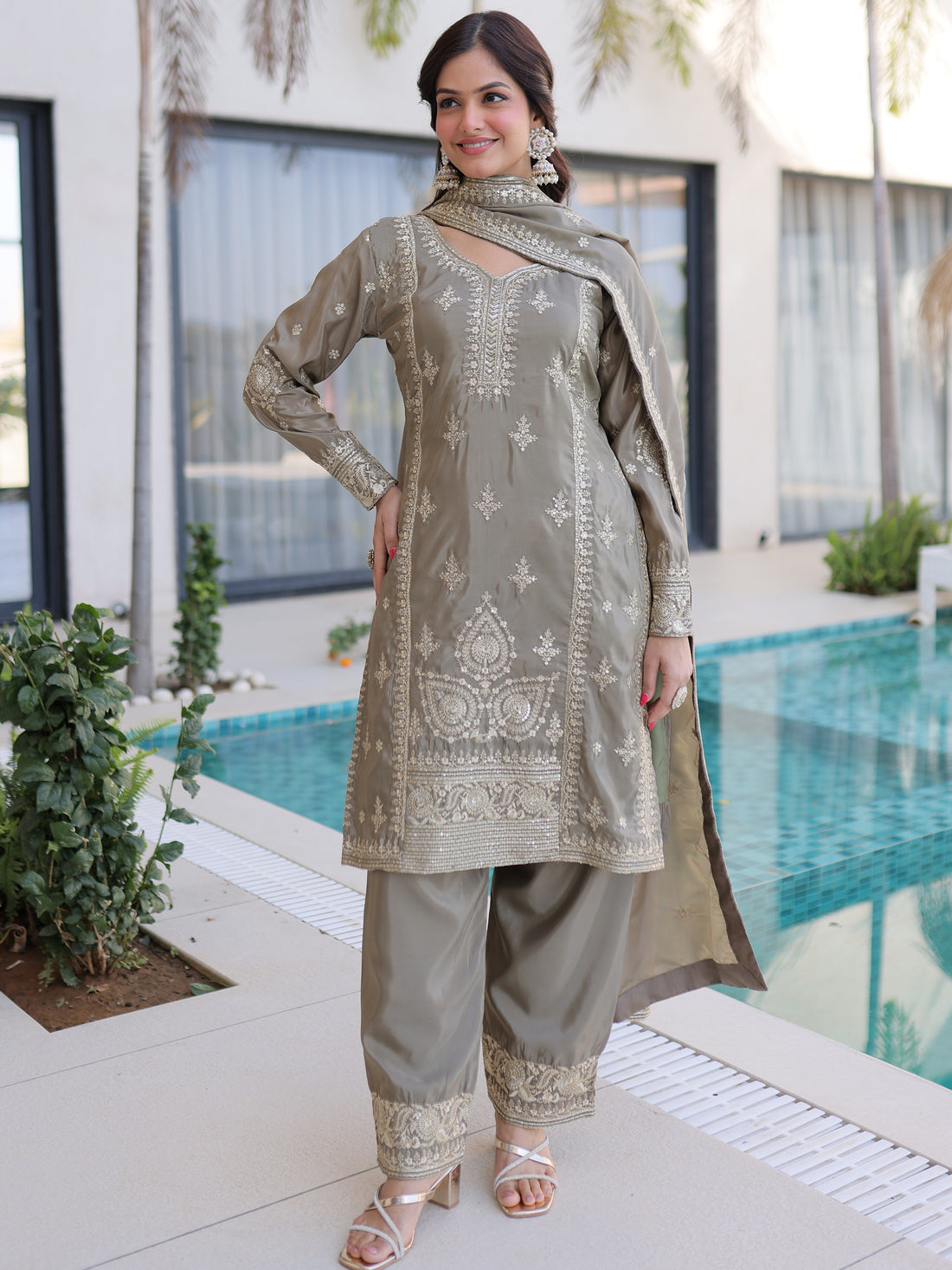 Sparkling Gray Sequins Work Festive Wear Pant Suit With Dupatta
