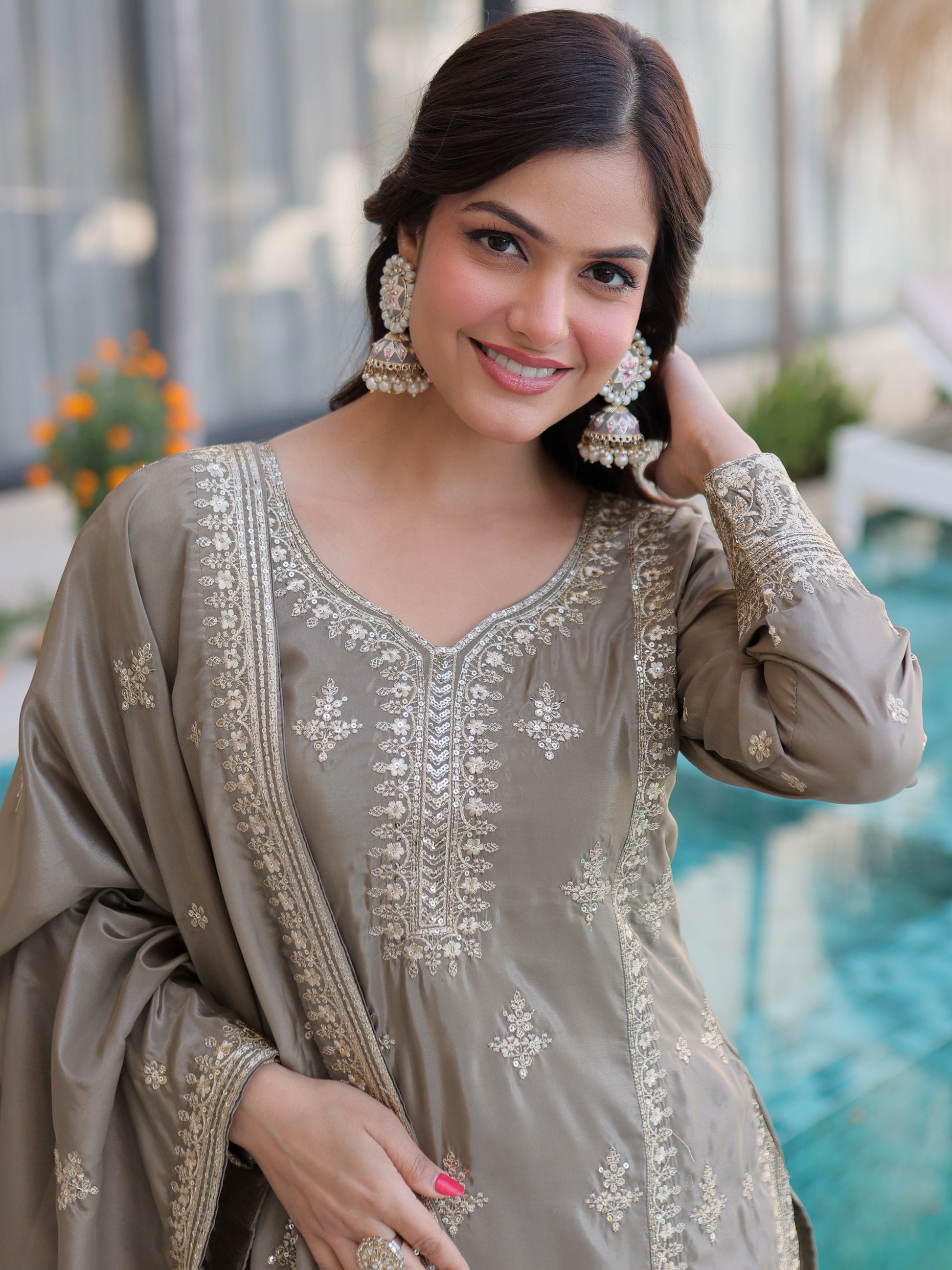 Sparkling Gray Sequins Work Festive Wear Pant Suit With Dupatta