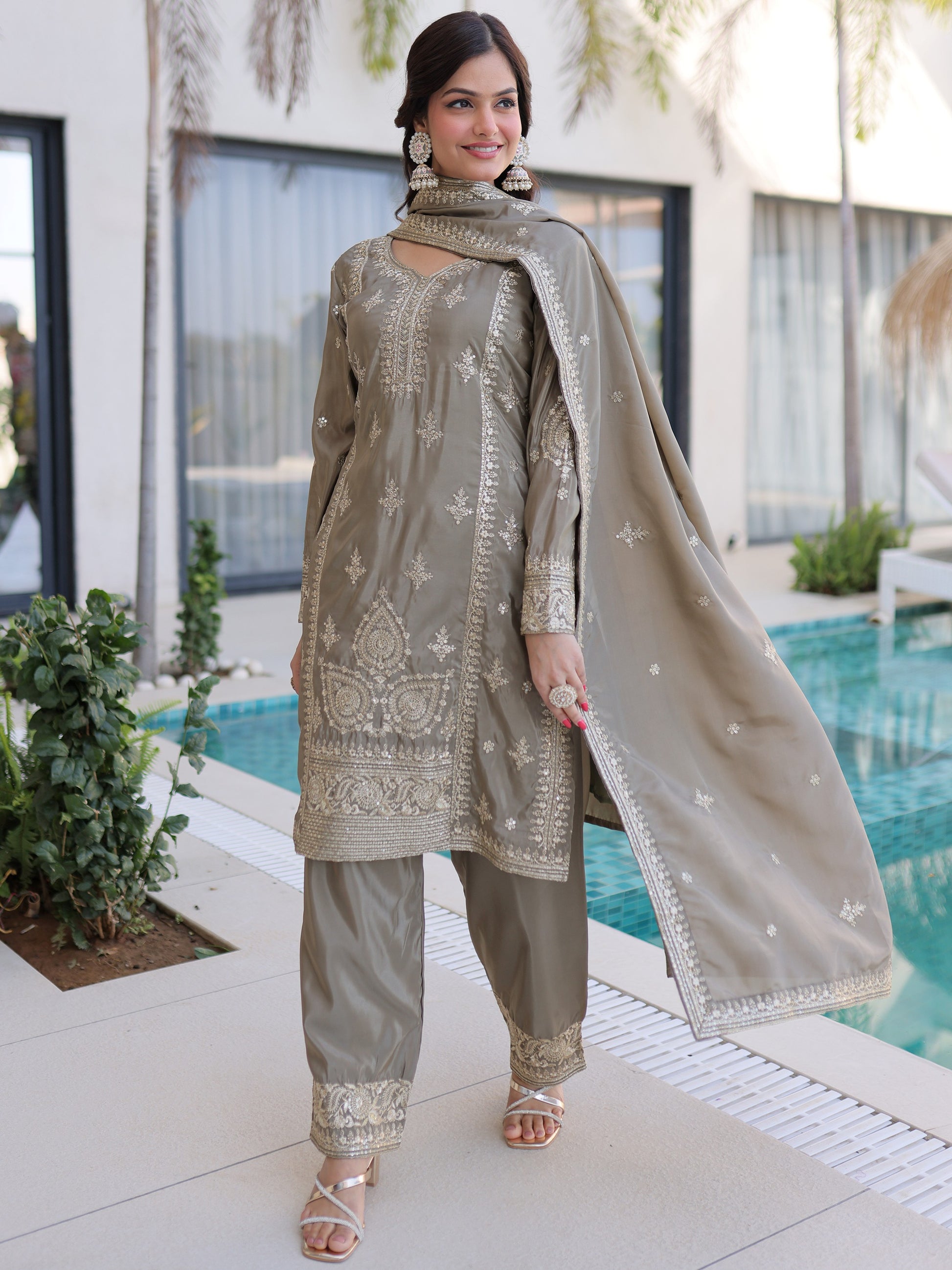 Sparkling Gray Sequins Work Festive Wear Pant Suit With Dupatta