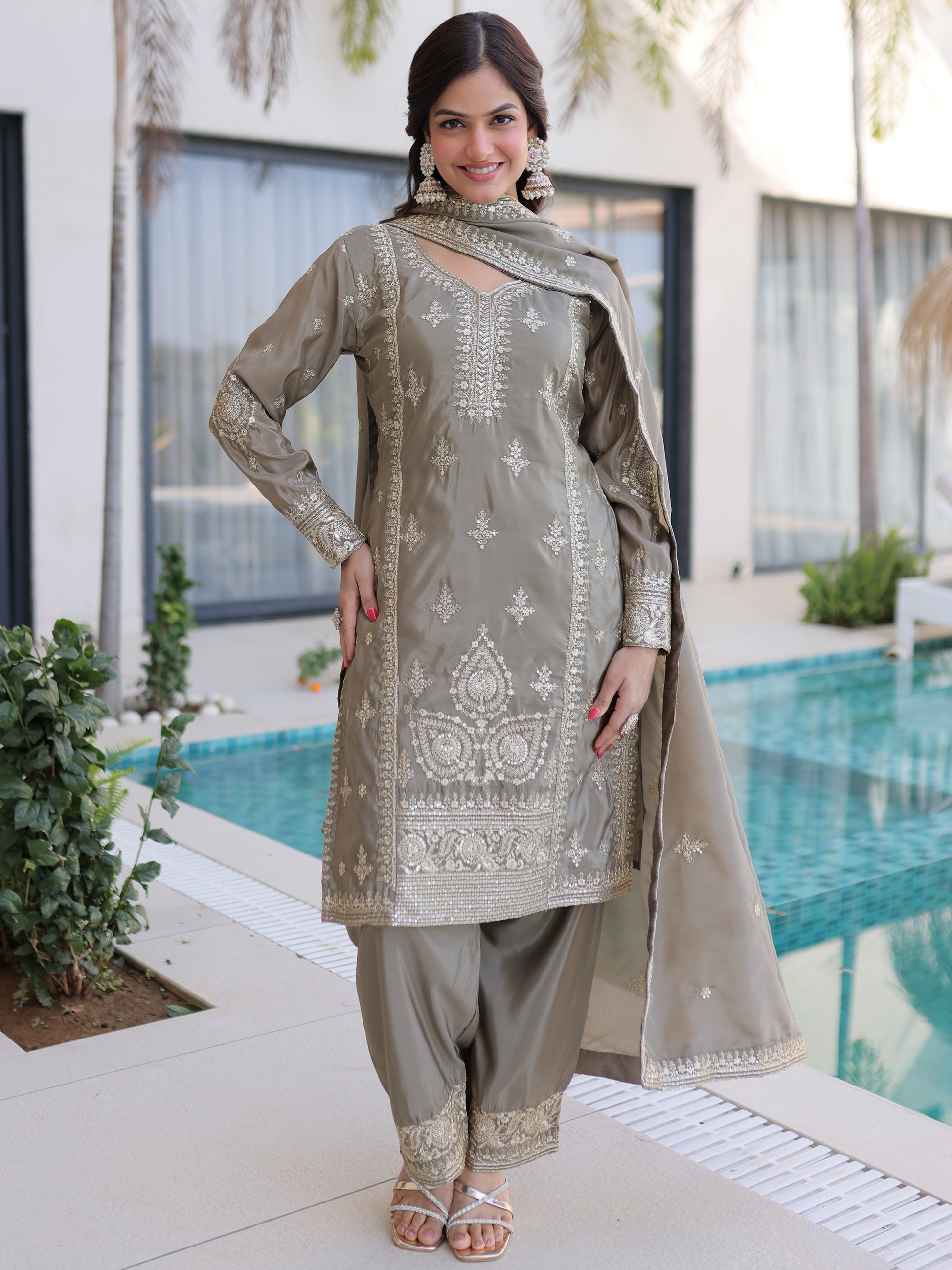 Sparkling Gray Sequins Work Festive Wear Pant Suit With Dupatta
