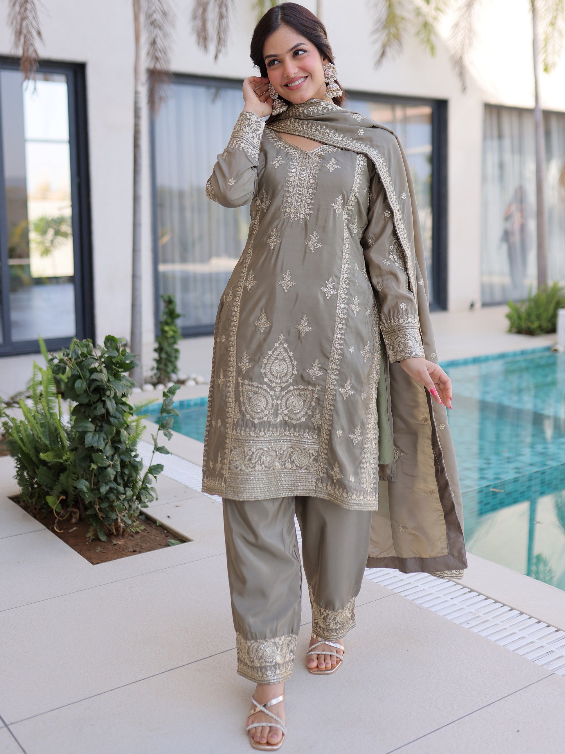 Sparkling Gray Sequins Work Festive Wear Pant Suit With Dupatta
