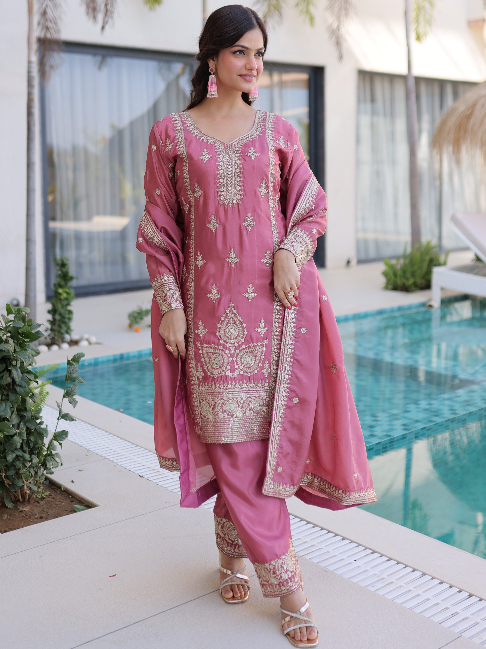 Pretty Pink Thread Embroidery Wedding Wear Pant Suit With Dupatta
