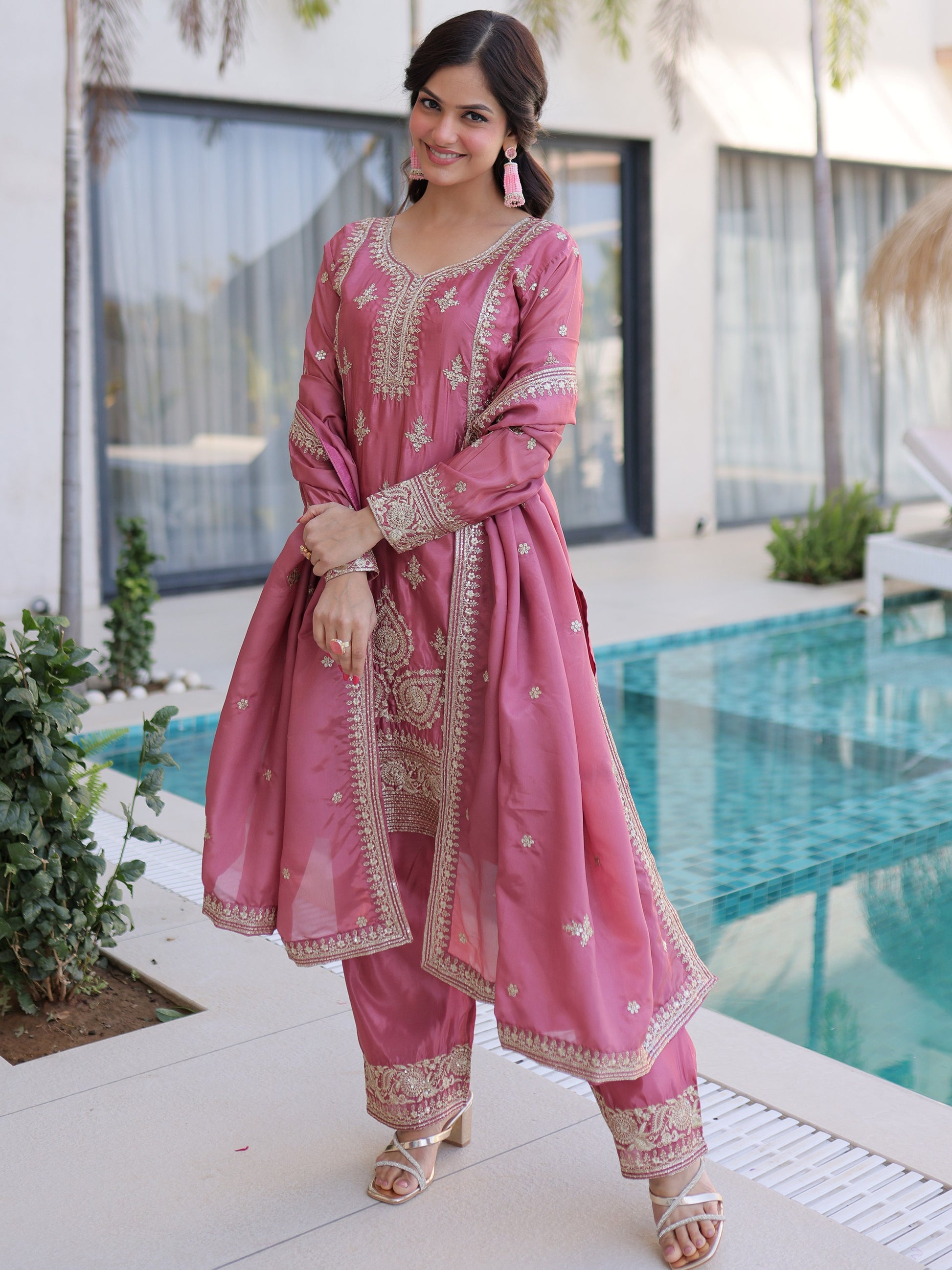 Pretty Pink Thread Embroidery Wedding Wear Pant Suit With Dupatta
