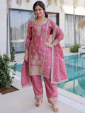 Pretty Pink Thread Embroidery Wedding Wear Pant Suit With Dupatta