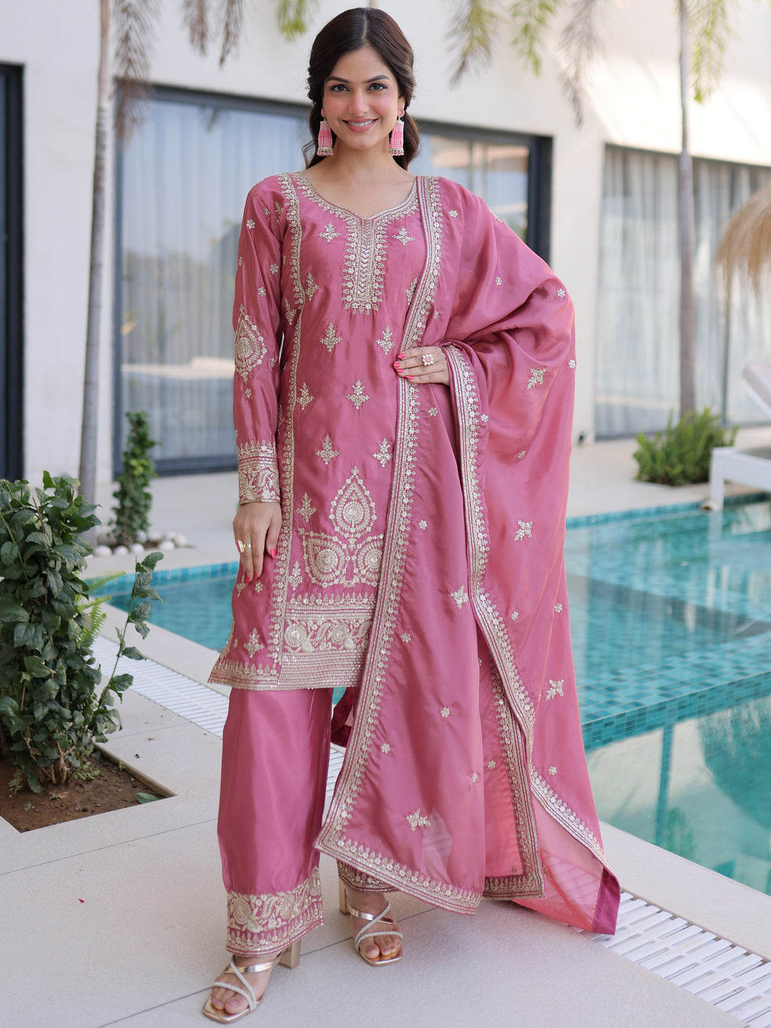 Pretty Pink Thread Embroidery Wedding Wear Pant Suit With Dupatta
