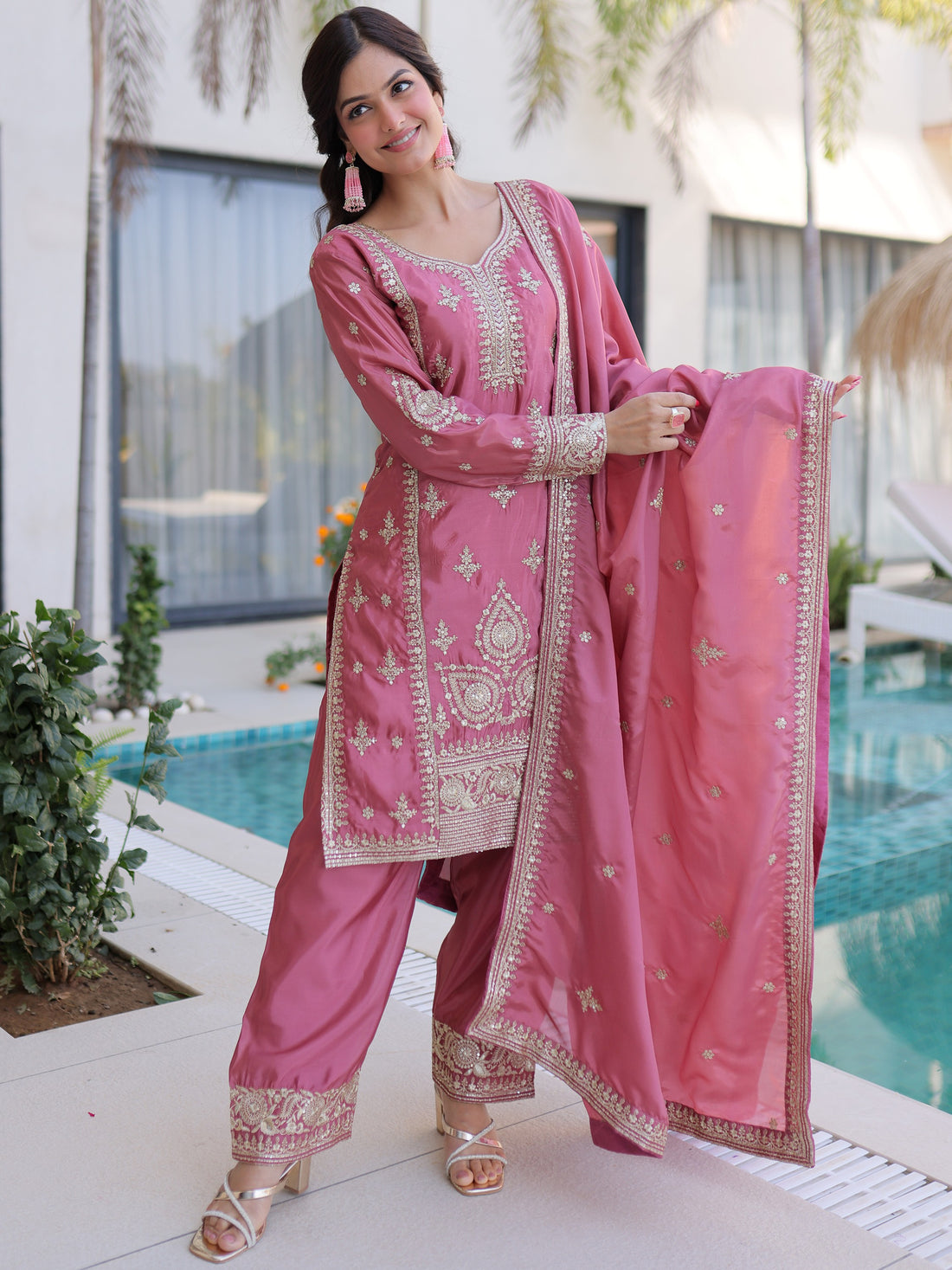 Pretty Pink Thread Embroidery Wedding Wear Pant Suit With Dupatta