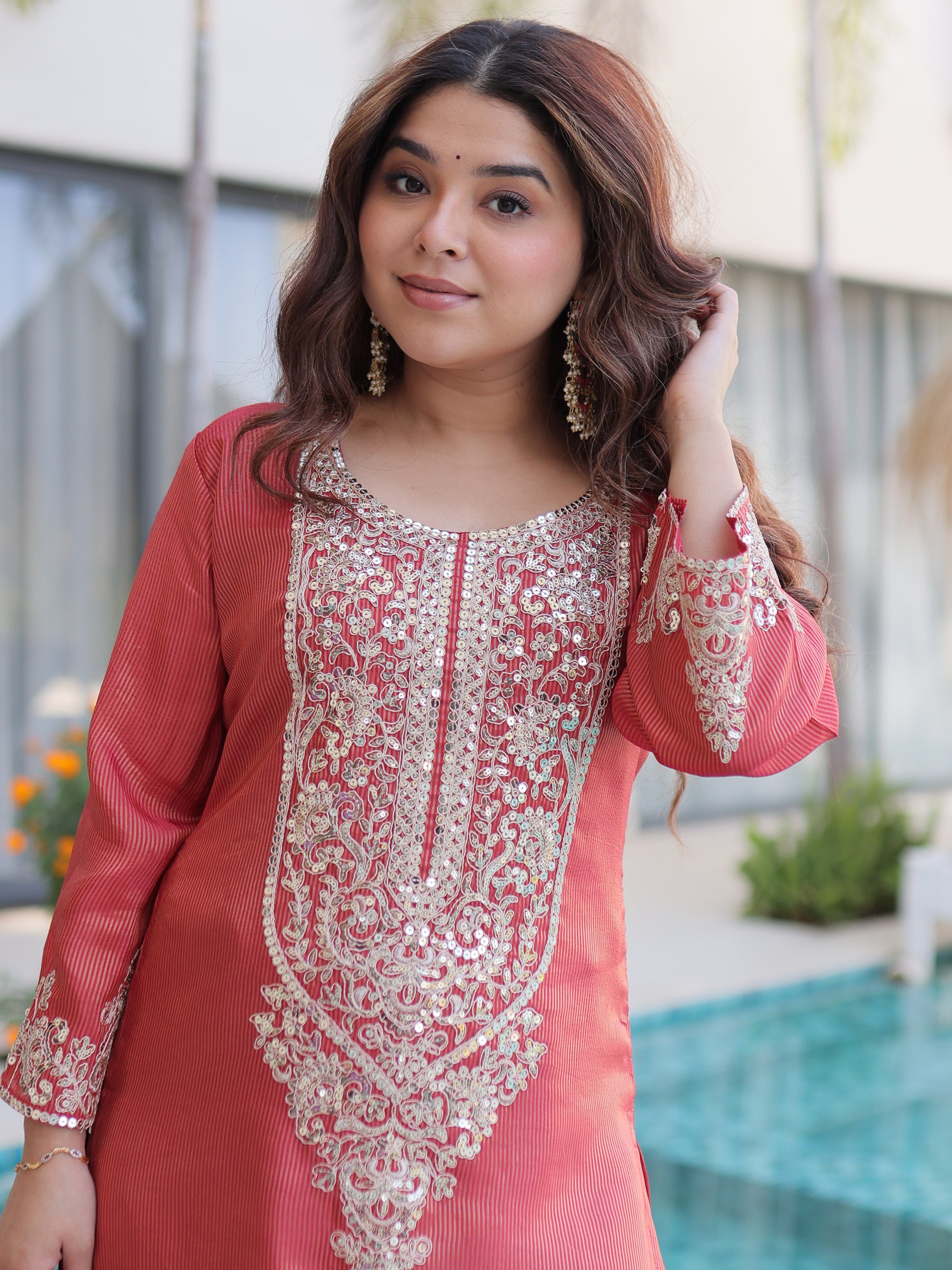 Attractive Red Sequins Viscose Festival Wear Salwar Kameez