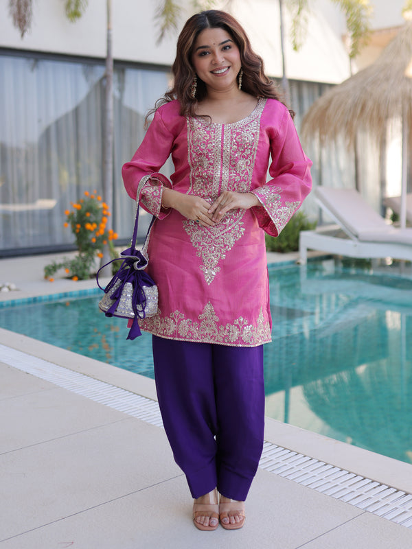 Wonderful Pink Zari Embroidered Viscose Event Wear Salwar Kameez