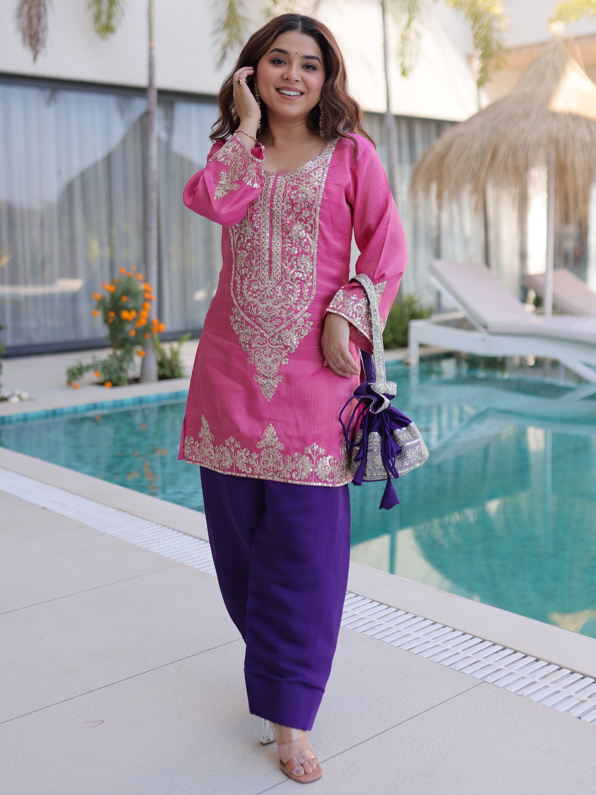 Wonderful Pink Zari Embroidered Viscose Event Wear Salwar Kameez