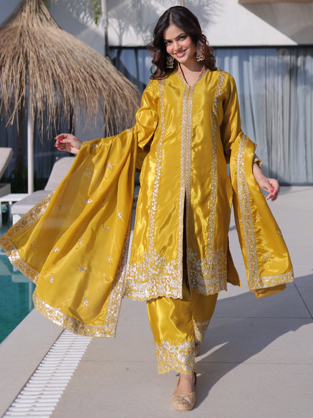 Marvelous Yellow Zari Embroidery Silk Haldi Wear Pant Suit With Dupatta