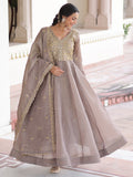 Attractive Grey Zari Embroidered Crush Traditional Gown With Dupatta