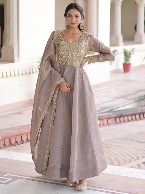 Attractive Grey Zari Embroidered Crush Traditional Gown With Dupatta