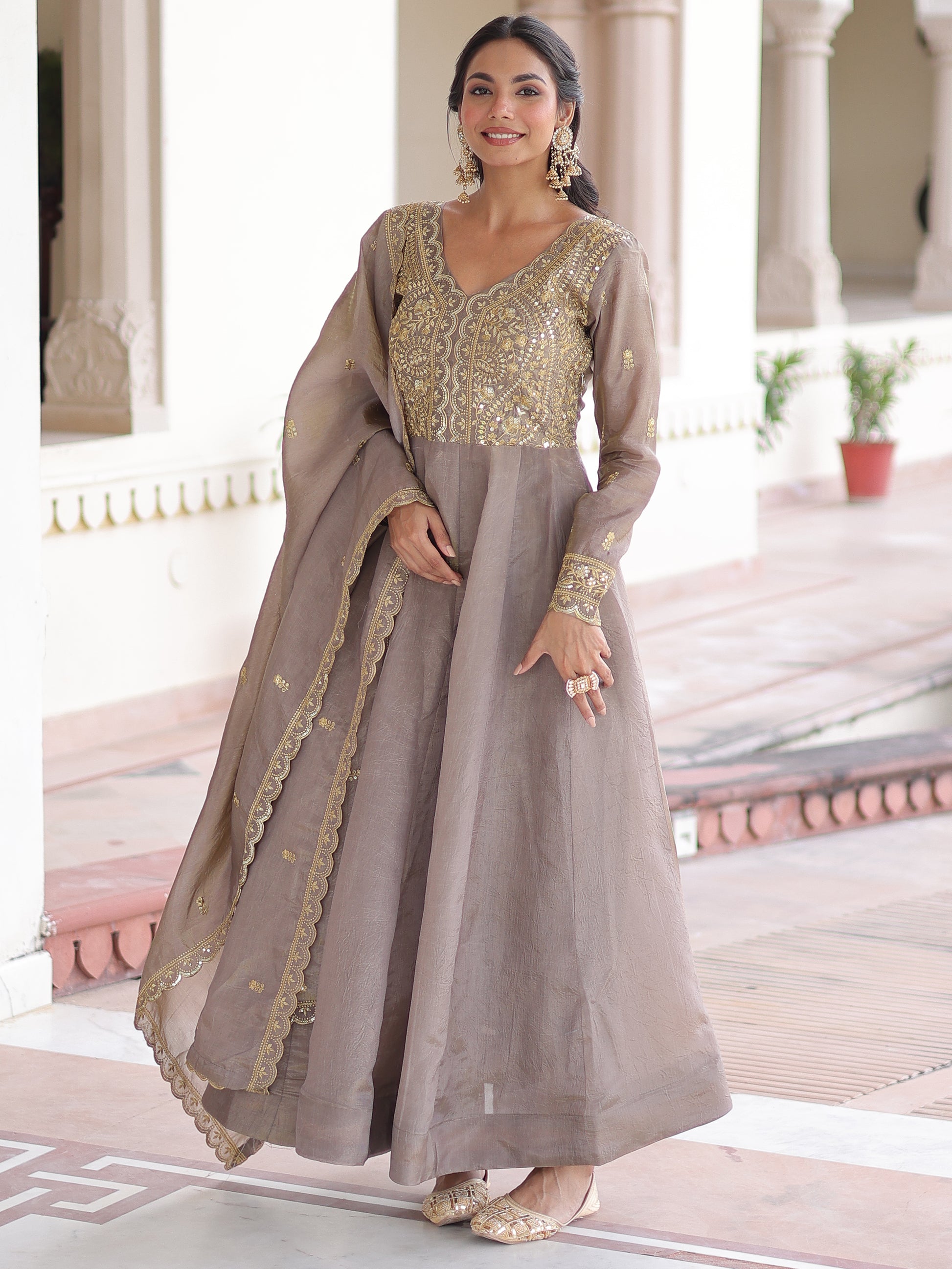 Attractive Grey Zari Embroidered Crush Traditional Gown With Dupatta