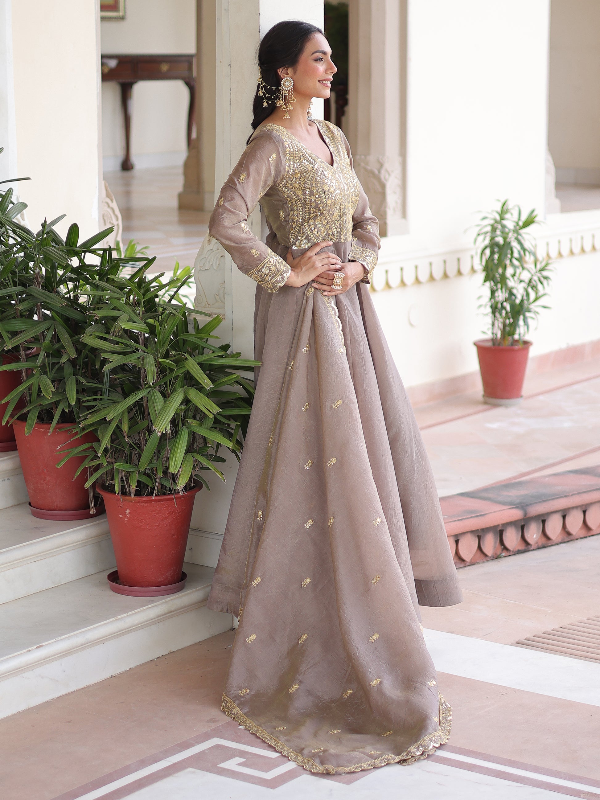 Attractive Grey Zari Embroidered Crush Traditional Gown With Dupatta
