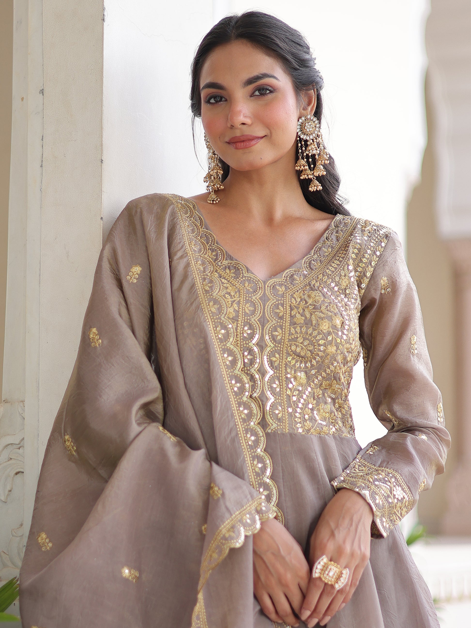Attractive Grey Zari Embroidered Crush Traditional Gown With Dupatta