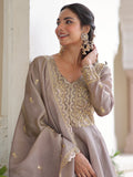 Attractive Grey Zari Embroidered Crush Traditional Gown With Dupatta