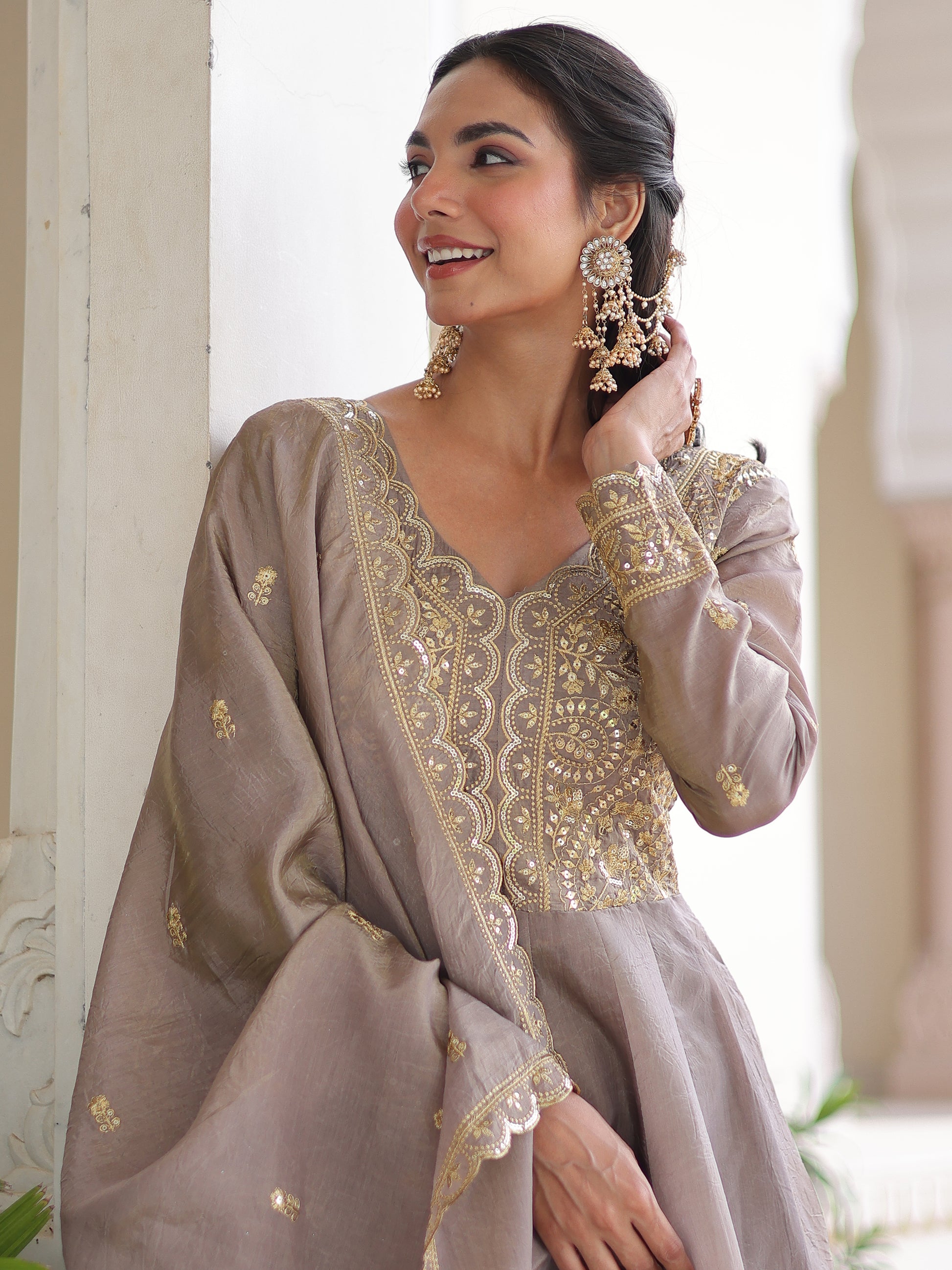 Attractive Grey Zari Embroidered Crush Traditional Gown With Dupatta
