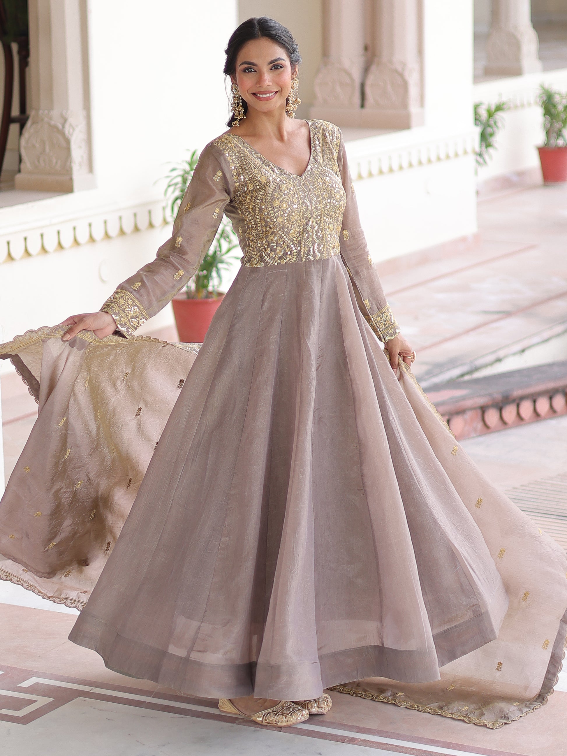 Attractive Grey Zari Embroidered Crush Traditional Gown With Dupatta