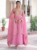 Gorgeous Pink Zari Embroidered Crush Festival Wear Gown With Dupatta