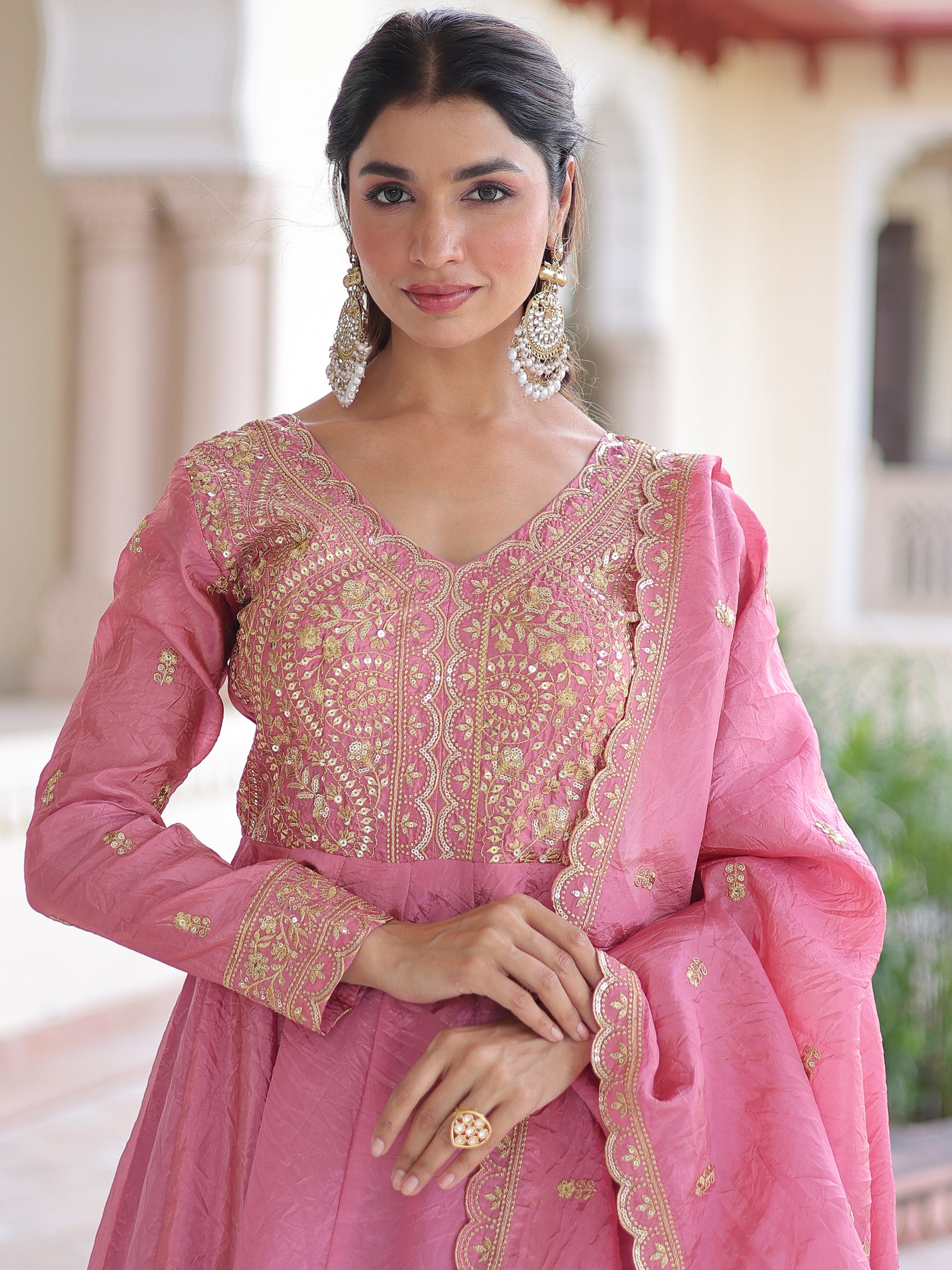 Gorgeous Pink Zari Embroidered Crush Festival Wear Gown With Dupatta