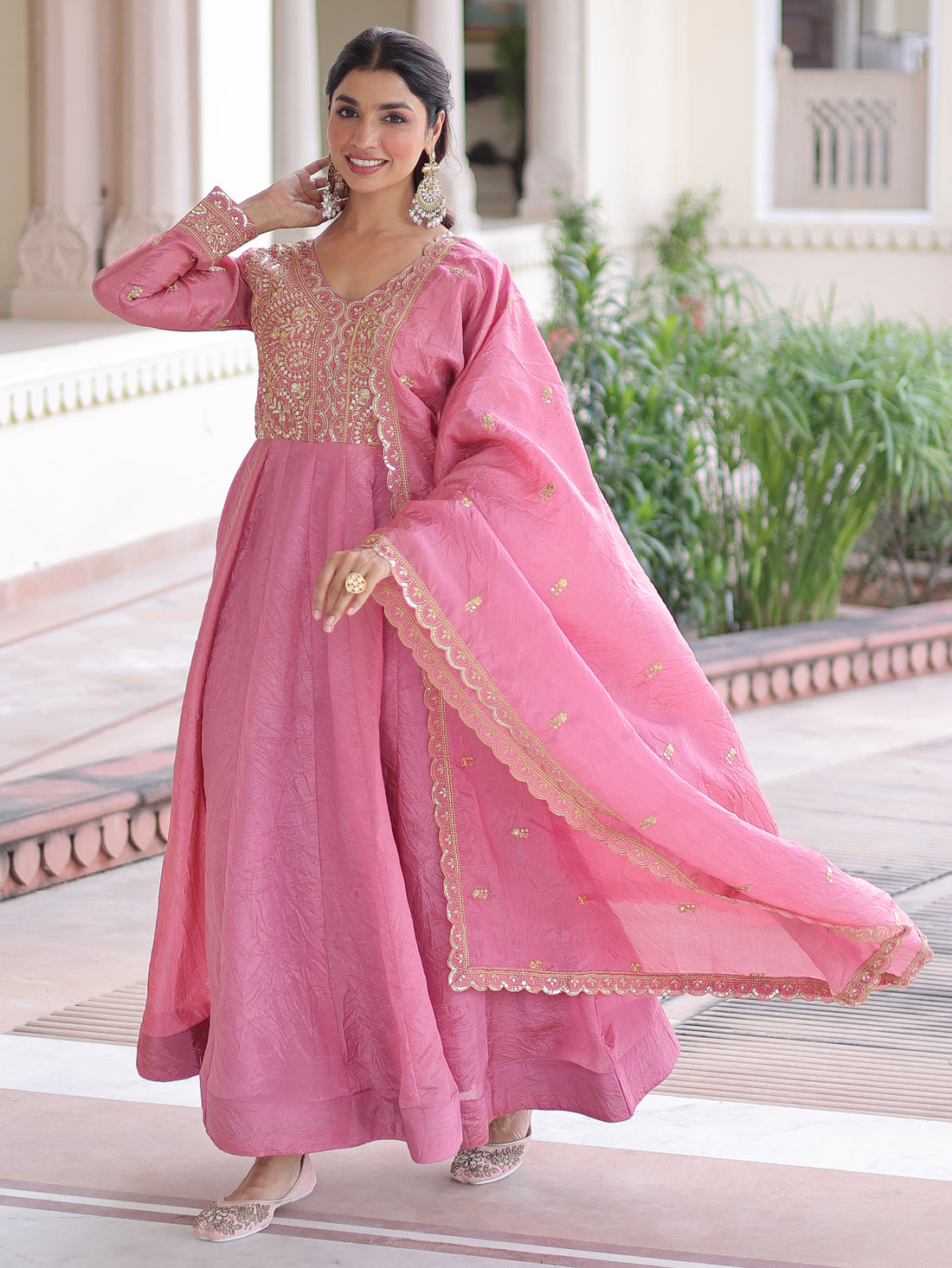 Gorgeous Pink Zari Embroidered Crush Festival Wear Gown With Dupatta