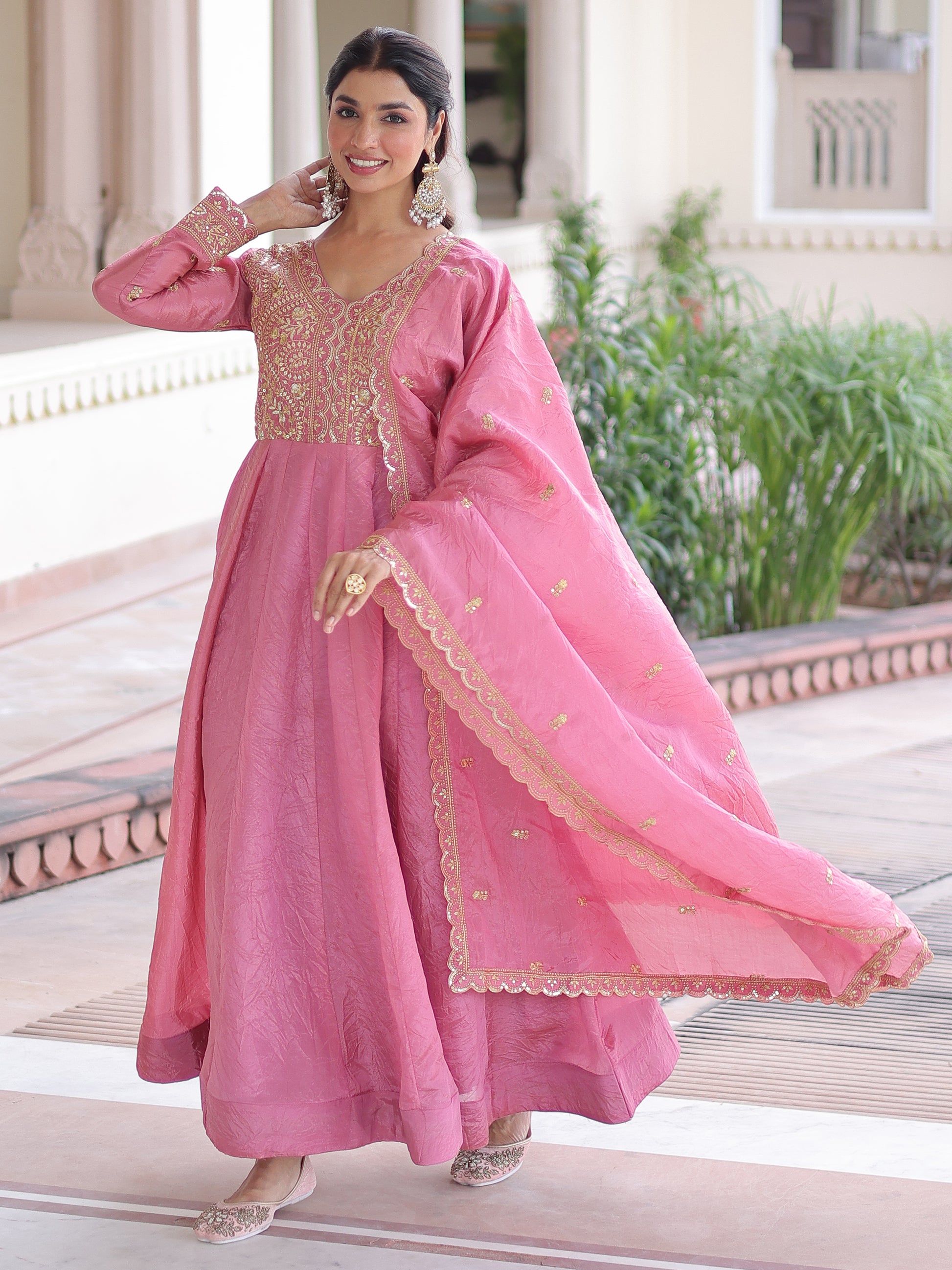 Gorgeous Pink Zari Embroidered Crush Festival Wear Gown With Dupatta
