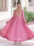 Gorgeous Pink Zari Embroidered Crush Festival Wear Gown With Dupatta