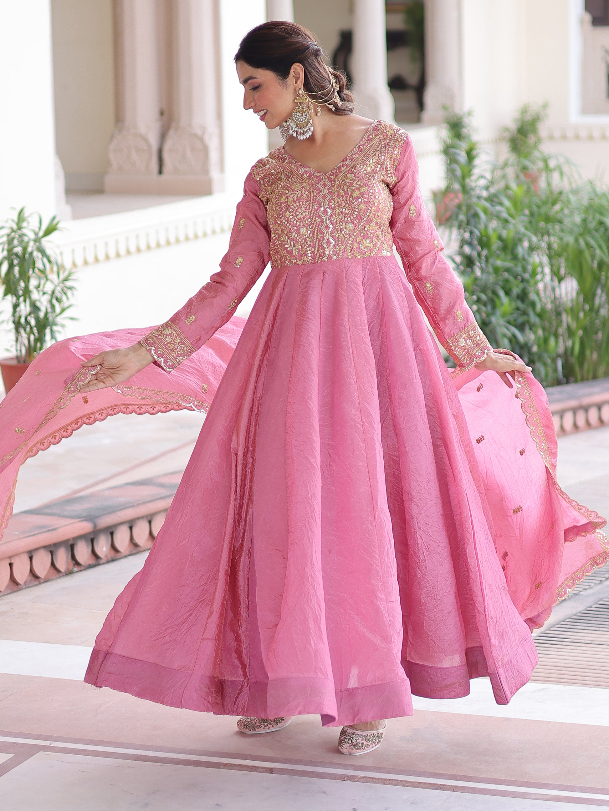 Gorgeous Pink Zari Embroidered Crush Festival Wear Gown With Dupatta