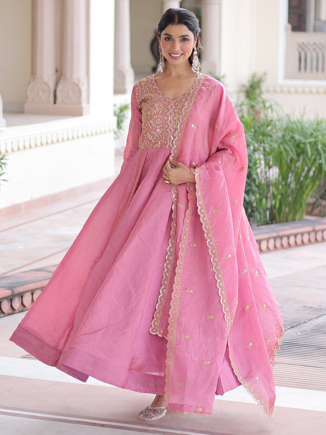 Gorgeous Pink Zari Embroidered Crush Festival Wear Gown With Dupatta