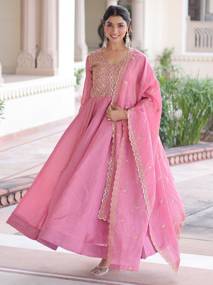 Gorgeous Pink Zari Embroidered Crush Festival Wear Gown With Dupatta